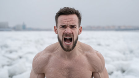 A strong man passionately shouting in a freezing environment filled with ice and snow, embodying resilience and strength in the face of harsh winter conditions.の素材