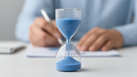 An elegant blue hourglass positioned on a desk with a person writing notes. This image symbolizes effective time management and productivity in a professional environment.の素材