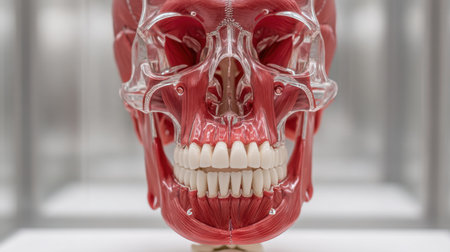 This detailed model of a human skull showcases internal muscles and dental structure, ideal for medical education, anatomy study, and healthcare illustrations.の素材