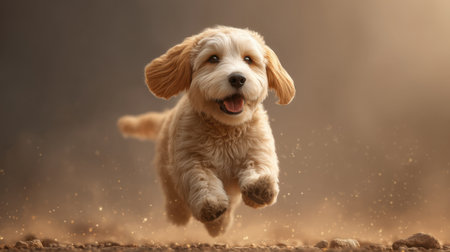 A playful golden puppy joyfully runs along a dusty pathway, capturing the essence of youth and energy in a serene outdoor environment with soft, natural light.の素材