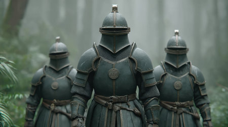 Three formidable knights in detailed armor stand resolutely in a mystical forest, shrouded in mist. The scene evokes a sense of adventure, mystery, and ancient tales.の素材