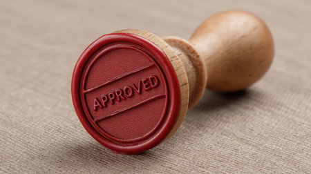 This image captures a close-up of a red wax seal stamp featuring the word "Approved," ideal for enhancing documents, showcasing authenticity, or adding a formal touch.の素材