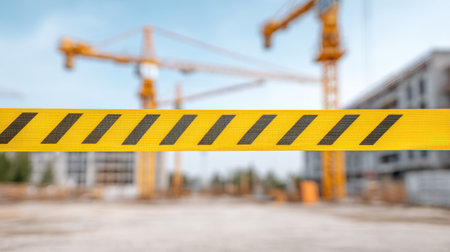 A striking image showing caution tape in the foreground with construction cranes working in the background, highlighting safety measures in an urban development project.の素材