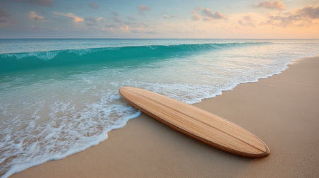 A serene view of a surfboard resting on a golden sandy beach, with gentle waves lapping at the shore under a breathtaking sunset sky, evoking calm and tranquility.の素材
