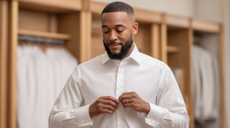 A man stands in a modern wardrobe, buttoning a white dress shirt, reflecting a sense of personal style and grooming ahead of an important occasion.の素材