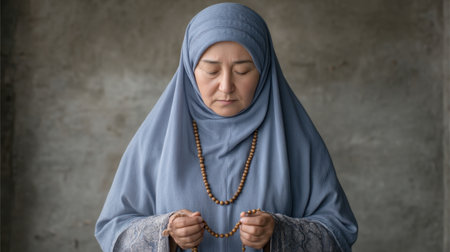 A woman in a hijab holds prayer beads, embodying tranquility and devotion. The serene setting enhances her reflection on faith and spirituality.の素材