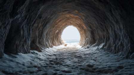 Explore a breathtaking view from inside a cave showing soft sand and crashing ocean waves through a natural arch, inviting tranquility and peace in nature.の素材