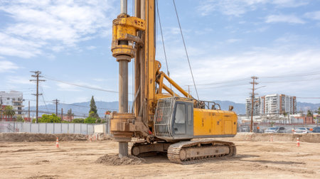 A robust excavator performs drilling operations on a construction site, showcasing modern engineering. The machinery stands against a clear blue sky, illustrating significant industrial activity.の素材