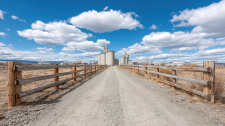 A serene dirt road leads towards large agricultural silos set against a beautiful blue sky filled with fluffy white clouds, showcasing an expansive and tranquil rural landscape.の素材