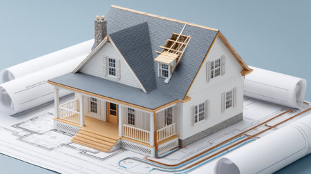 This image features a detailed model of a house placed atop architectural blueprints, highlighting design elements and the intricacies of construction planning.の素材