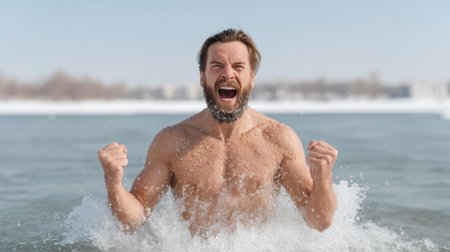 A man joyfully celebrates in cold water during winter, showcasing raw emotion and strength. The snowy backdrop enhances the thrill of outdoor adventure.の素材