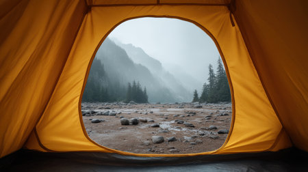 A serene view from inside a tent showcases a misty mountain landscape with rocky ground and towering trees, inviting the explorer to embrace nature calm beauty.の素材