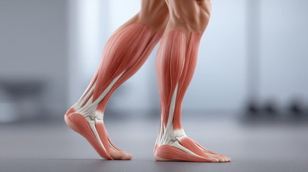 Anatomical illustration showcasing the muscles and tendons of the human lower leg, highlighting their roles in movement and mobility. Perfect for educational and healthcare use.の素材