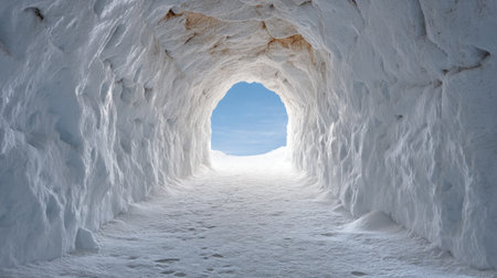 A stunning view of a snow cave, leading to a bright blue sky, showcasing the beauty and tranquility of winter landscapes in a chilly environment.の素材