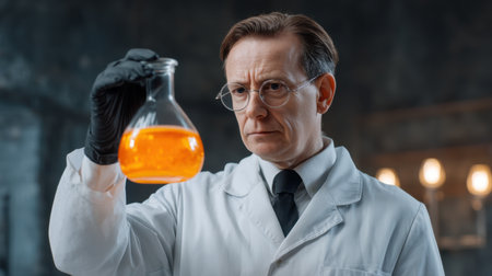 A focused scientist in a white laboratory coat examines a beaker filled with bright orange liquid, highlighting the intensity of scientific inquiry and discovery.の素材