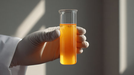 A lab technician holds a test tube filled with bright orange liquid, representing scientific experimentation and analysis in a modern laboratory environment.の素材