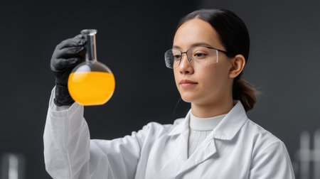 A female scientist in a lab coat conducts an analysis of a yellow liquid in a flask. She embodies the spirit of research and innovation in a modern laboratory setting.の素材