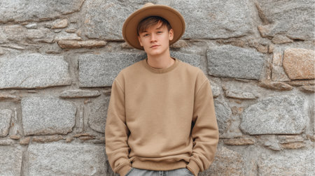 A young male model presents a relaxed vibe, wearing a neutral sweater and a stylish hat, leaning against a rustic stone wall in natural light settings.の素材