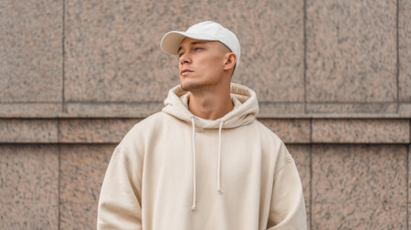 A young man in a beige hoodie and white cap stands confidently against a textured wall. His serious expression and urban style reflect modern fashion trends and individuality.の素材