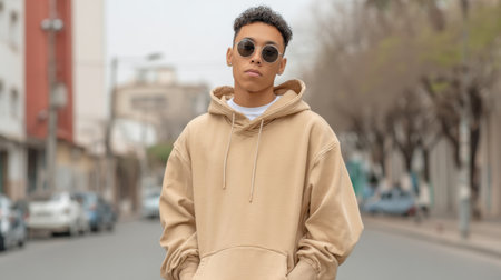 A young adult showcases a modern casual look in a beige hoodie and stylish sunglasses. The urban backdrop and soft light enhance the trendy vibe of the photo.の素材