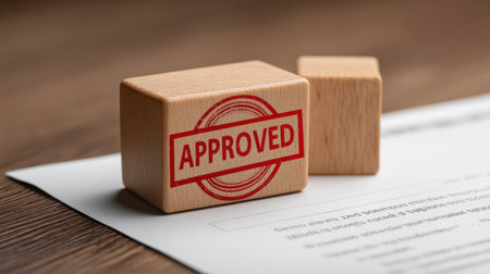 A wooden stamp with an "approved" message sits on a document, highlighting themes of validation and professionalism in a modern office setting.の素材