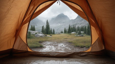 A serene view from inside a tent showcasing misty mountains and lush pine trees on a cloudy day. Perfect for evoking the beauty of outdoor adventures.の素材
