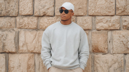 A fashionable young man stands confidently against a textured stone wall, showcasing his casual outfit comprising a grey sweatshirt, cap, and sunglasses in a bright setting.の素材