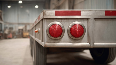 This image captures a close-up view of red reflective lights mounted on a rugged trailer, emphasizing industrial design in a rustic warehouse environment.の素材