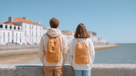 A young couple with matching backpacks enjoys a sunny day by the coast, gazing at the stunning coastal buildings while capturing the essence of summer relaxation.の素材