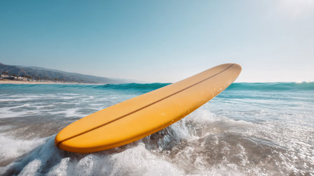 A vibrant yellow surfboard stands proudly amidst ocean waves, capturing the essence of summer beach life. Experience the tranquility and adventure of coastal activities.の素材
