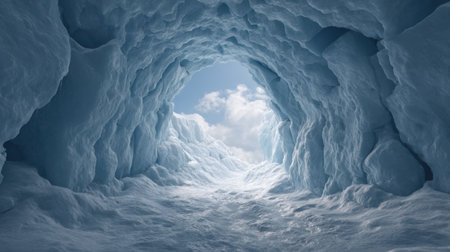 A captivating view of an ice cave showing a snowy surface leading to a bright blue sky adorned with soft clouds, creating a serene winter landscape filled with natural beauty.の素材