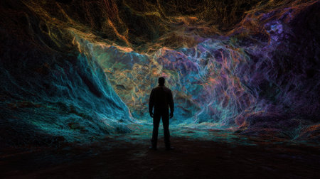 A captivating and vibrant scene that showcases a person standing in a surreal, colorful cave filled with intricate glowing patterns, inviting viewers to explore the depths of imagination.の素材