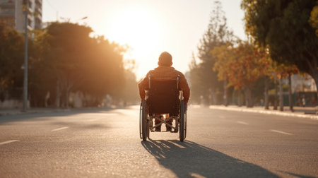 A serene image capturing a person in a wheelchair facing the sunset on a deserted road, evoking feelings of freedom, hope, and the beauty of life's journey.の素材