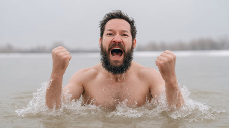 A bearded man exuberantly stands in chilly water, arms raised in triumph. This powerful moment captures the wild spirit of adventure and joyful immersion in nature.の素材