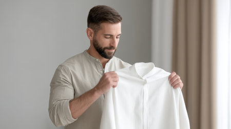 Man thoughtfully inspects a white shirt in a bright, modern room, reflecting on his outfit choice for a stylish, smart casual appearance during the day.の素材