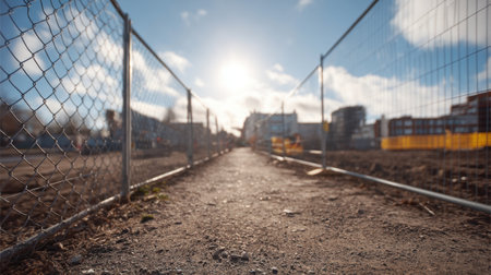 A clear pathway leads through a construction zone under a bright sunny sky, framed by fencing, highlighting urban development and future possibilities.の素材