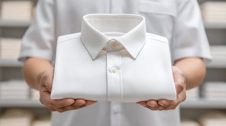A neatly folded white shirt is held between two hands, showcasing its crisp appearance in a modern retail environment, perfect for fashion, laundry, or organization themes.の素材