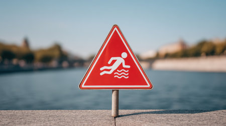 A vivid red warning sign indicating swimming hazards near water, set against a picturesque backdrop, emphasizing safety and caution for those near the riverbank.の素材