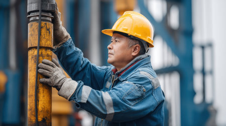 A dedicated worker wearing a safety helmet is operating heavy machinery on a construction site, exemplifying professionalism and commitment to quality work.の素材