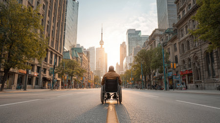 A stunning cityscape captures a person in a wheelchair enjoying a serene moment at sunset, symbolizing independence, empowerment, and the beauty of urban life.の素材
