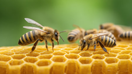 A stunning close-up view of honey bees working diligently on honeycomb surrounded by vivid greenery. This natural scene highlights their essential role in pollination.の素材