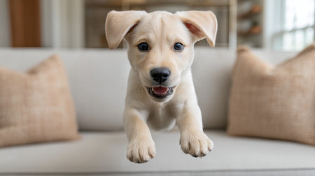 A cheerful Labrador puppy joyfully leaps off a cozy sofa, filled with excitement and energy. This playful scene captures the essence of companionship and happiness in home settings.の素材