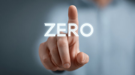 A close-up image featuring a finger pointing towards the word zero illuminated softly, representing themes of emptiness and new beginnings in a modern context.の素材