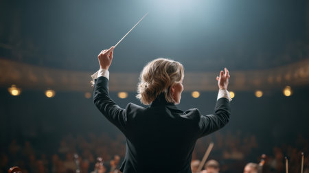A talented female conductor passionately leads a symphony orchestra on stage, captivating the audience with a stunning performance in an elegant concert hall, celebrating music.の素材