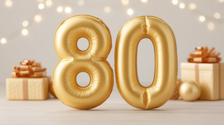 Celebrate a milestone with these stunning golden number 80 balloons, perfectly paired with elegant gifts and a warm bokeh backdrop for a joyful atmosphere.の素材
