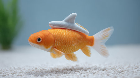 A whimsical scene featuring a goldfish adorned with a toy shark fin, gracefully swimming in a clear aquarium filled with sand and green plants.の素材
