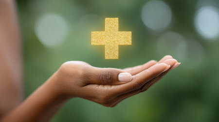 A graceful hand presents a golden plus symbol, signifying hope and healing. This image evokes feelings of care and positivity in health and wellness themes.の素材