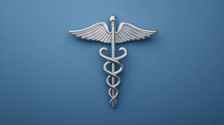 This sleek silver caduceus symbolizes the medical field, representing healthcare and professional services on a calming blue background for various uses in healthcare designs.の素材