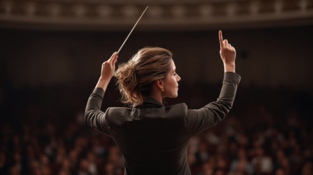 A poised female conductor stands before a large orchestra, expertly guiding musicians in a stunning concert hall, captivating an engaged audience with her dynamic leadership.の素材