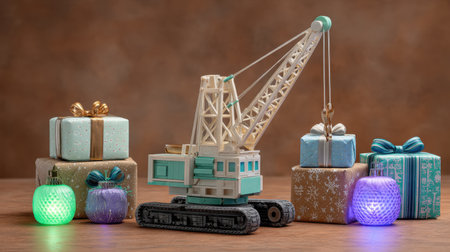 A vintage toy crane skillfully lifts colorful gifts surrounded by glowing ornaments, creating a cheerful and festive atmosphere, perfect for holiday celebrations.の素材